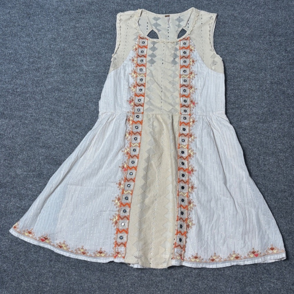 Free People Girls size 10 Ivory Boho Embroidered stripe crochet lace Mini Dres